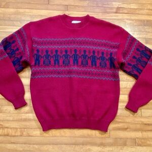 READ Vintage PENDLETON SWEATER People Print Size LARGE Wool 1980s 80s Burgundy L